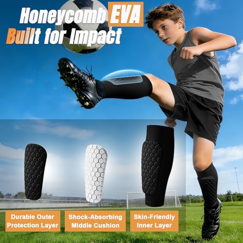 XZQTIVE Kids Soccer Shin Guards with Honeycomb EVA Padding, Black XS