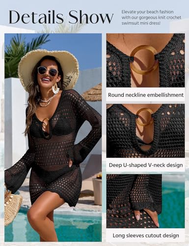 UMIPUBO Women's Black Medium Knit Crochet Beach Cover Up Deep V Neck Swim Dress