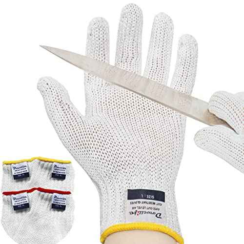 Dowellife Level 8 Reinforced Cut Resistant Gloves, Food Grade, Knife Safety Gloves for Meat Cutting, Oyster Shucking, Fish Fillet, Kitchen Slicing Carving, White, Large (Pack of 2)