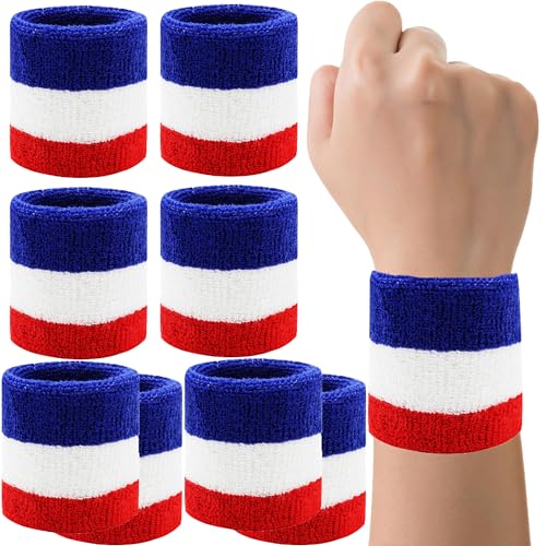 Wrist Sweatbands - 8 Pack Absorbent Cotton Bands for Sports - Red/White/Blue
