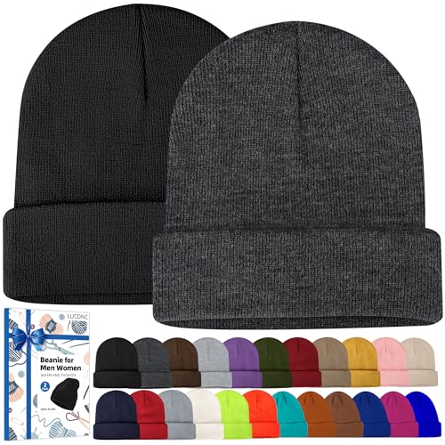 Knit Beanies for Men & Women - 2 Pack Black & Dark Gray