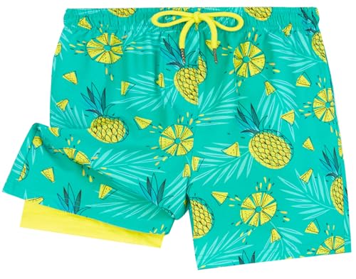 Boys Swim Trunks with Compression Liner - Neon Pineapple, 10-12 Years