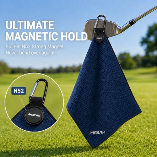 RHEOLITH Magnetic Golf Towel 18x18 Navy Blue Microfiber with N52 Magnet