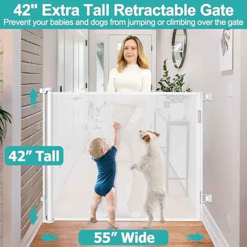 42 Inch Extra Tall Baby Gates for Doorways 55" Wide Retractable Dog Gate Indoor 3.5ft Extra Tall Baby Gates for Dogs Outdoor Retractable Gate for Stairs Prevent Kids/Pets from Jumping Over, White