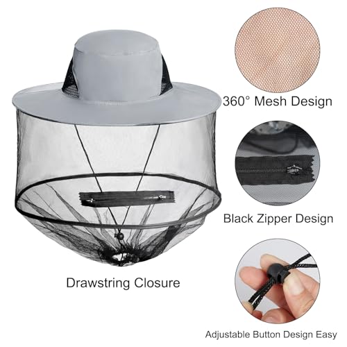 Mosquito Head Net Hat with Hidden Mesh - Grey
