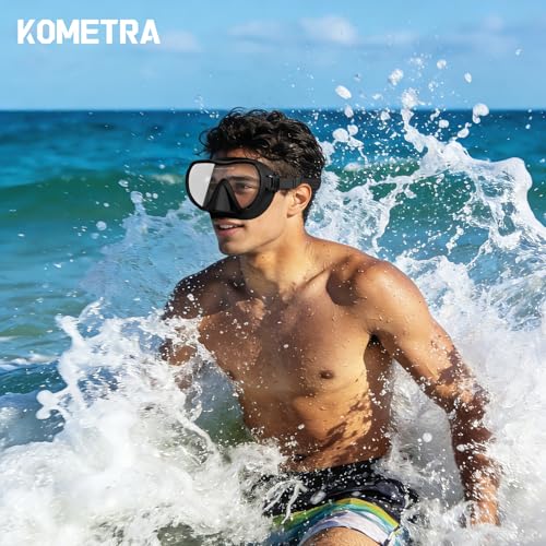 KOMETRA Adult Swim Goggles with Nose Cover - Black Wide View No Leak Diving Mask for Men Women Youth