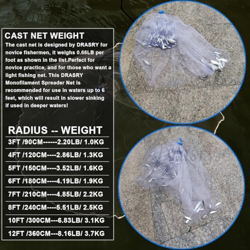 Drasry 10FT Cast Net with 3/8 Inch Mesh, Mono Zinc-Iron Sinkers, White B