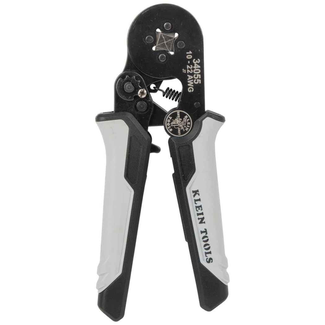 Klein Tools 34055 Ferrule Crimping Tool, Square Crimper Pliers for 10 to 22 AWG Wire Terminals, Built-In Adjustable Ratchet, for Electrical Work