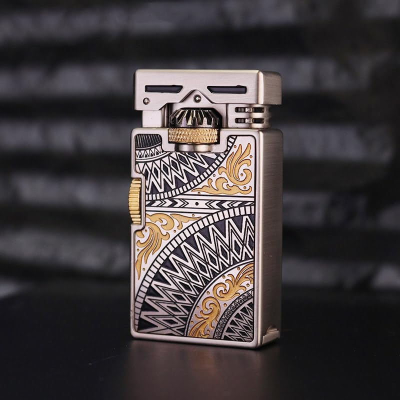 Vintage Metal Lighter, Hand Engraved Sliding Gear Lgnition Soft Flame Lighter for Men Dad Husband Collect (Fuel Not Included) (Silver)