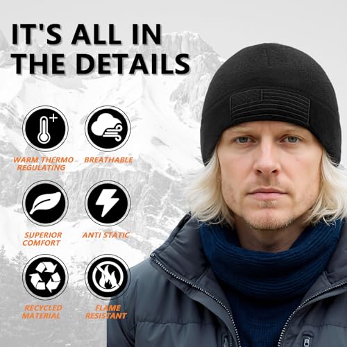 American Flag Tactical Fleece Beanie - Warm Winter Watch Cap - Black