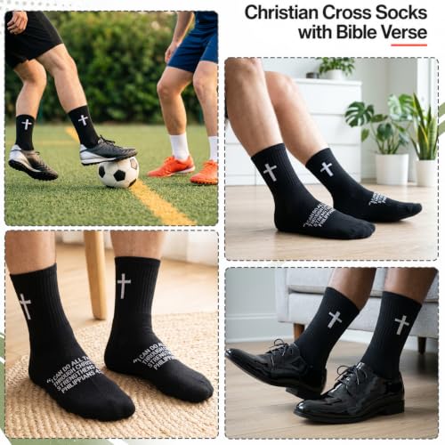Christian Cross Socks with Bible Verse - Black, 4 Pairs