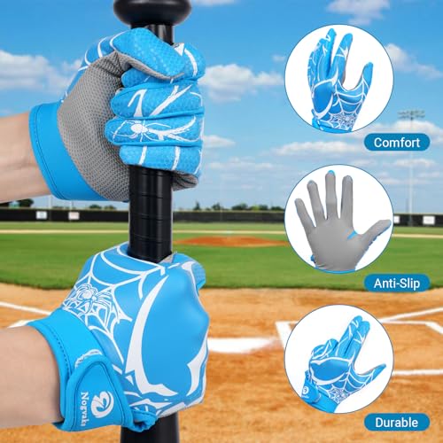 Nogvaks Youth Baseball Batting Gloves Blue/White, M/L (6-6.5in), Non-Slip Breathable Lightweight Kids Sports
