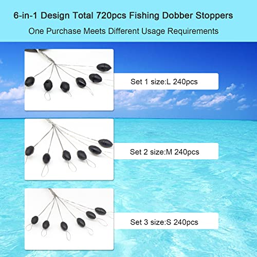 720-Piece Rubber Fishing Bobber Stopper Set, Oval Sinker Stops, S/M/L