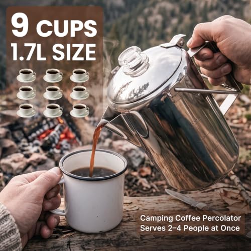 KingCamp Silver 9-Cup Percolator Coffee Pot Stainless Steel Camping Kettle