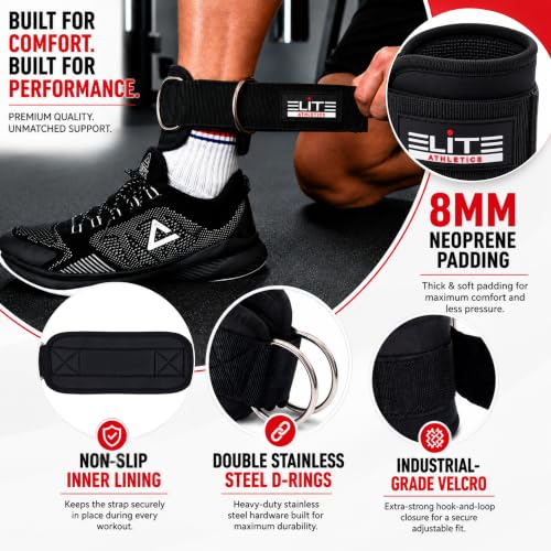 Padded Ankle Straps for Cable Machine - Pair, Neoprene Glute Cuffs - Black