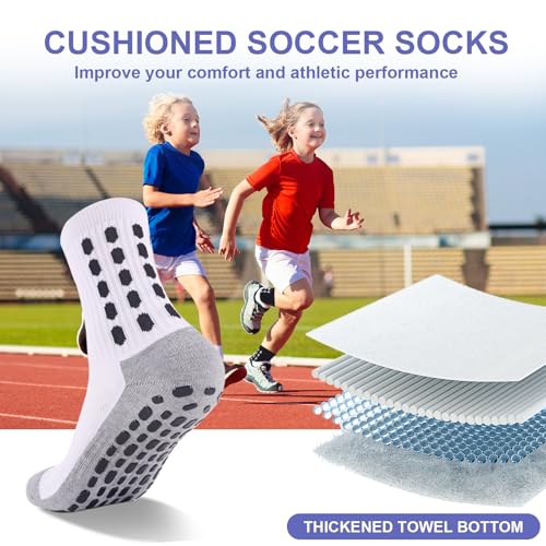 Barrlves 6 Pairs Kids Grip Soccer Socks Cushioned Non Slip Football Athletic Socks (Medium) – 2 Black, 2 White, 2 Blue