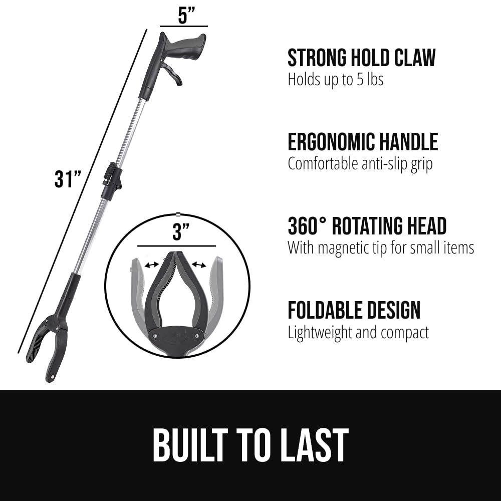 GORILLA GRIP Strong Rubber Lined Claw Grabber, Ergonomic Anti-Slip Reacher Tool for Seniors, 360 Magnetic Rotating Head Reaching Pick Up Stick, Foldable Trash Picker, Handicap Gripper, Gray