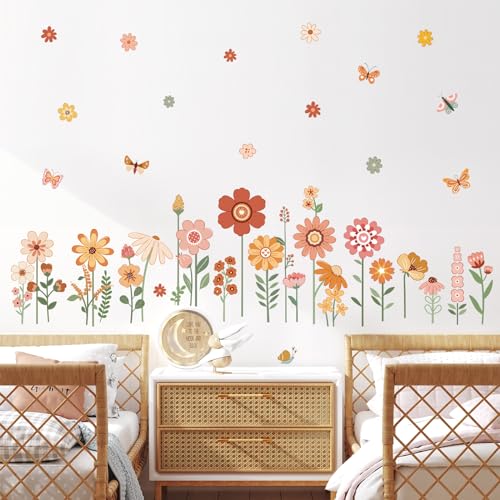 decalmile Boho Flower Wall Decals for Kids Garden Floral Daisy Butterfly Wall Stickers Baby Nursery Girls Bedroom Kids Room Wall Decor