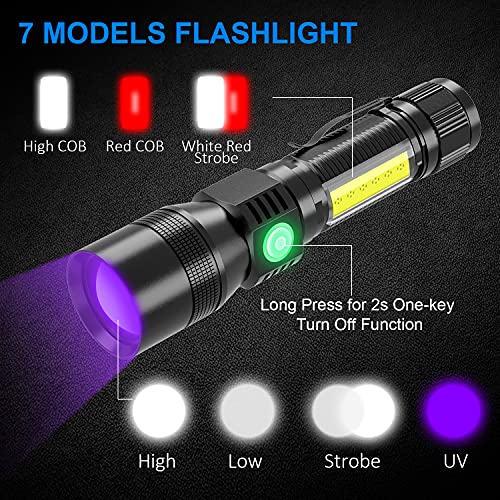 Rechargeable Flashlights, 3 in 1 Super Bright Black Light Flashlights 1200 Lumens, 7 Modes, Zoomable, IPX6 Waterproof Flash Light Recharchable for Camping, Emergency, Pet Clothing Detection 2 Pack