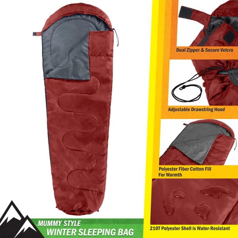 Mummy Sleeping Bag - Adult Cold Weather Sleeping Bag Rated to 25°F - Waterproof with Drawstring Hood - Camping Equipment by Wakeman Outdoors (Red)