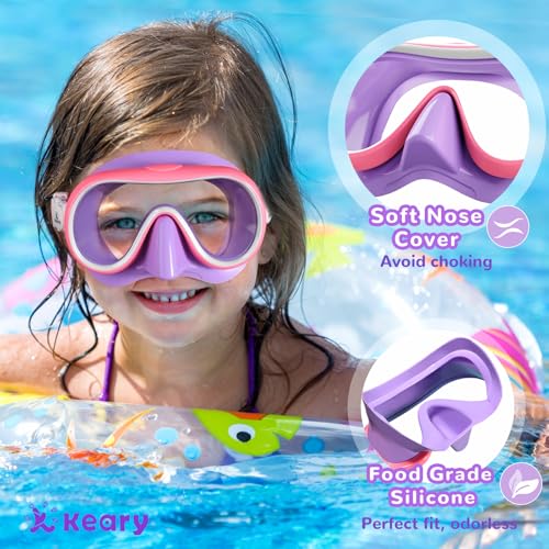 Keary Kids Swim Goggles with Nose Cover - Wide-View Mask, Pink (Clear Lenses), 5-16