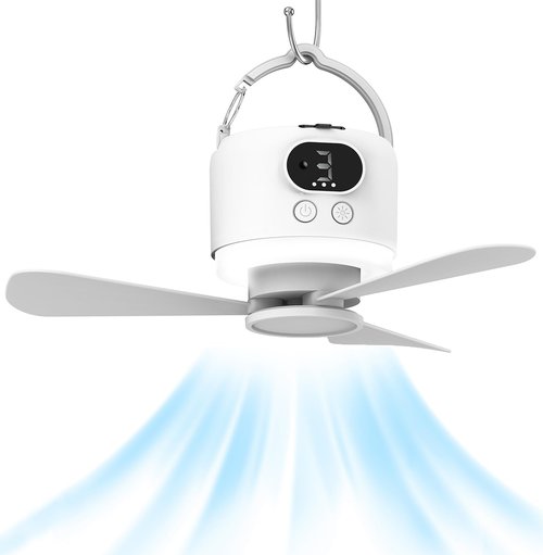 geonfi Camping Fan 10400mAh Battery Operated, USB Rechargeable Tent Fan with Remote Control,3 Detachable Blades, LED Light, 3 Speeds, Timer, Portable Ceiling Fan for Camping(White)
