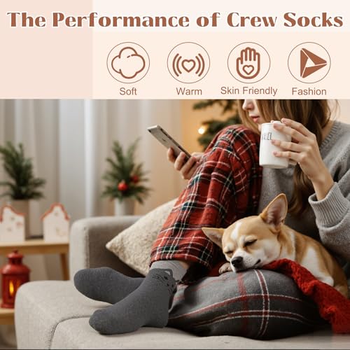 Justay 5 Pairs Wool Socks for Women, Winter Warm Cute Cat Crew