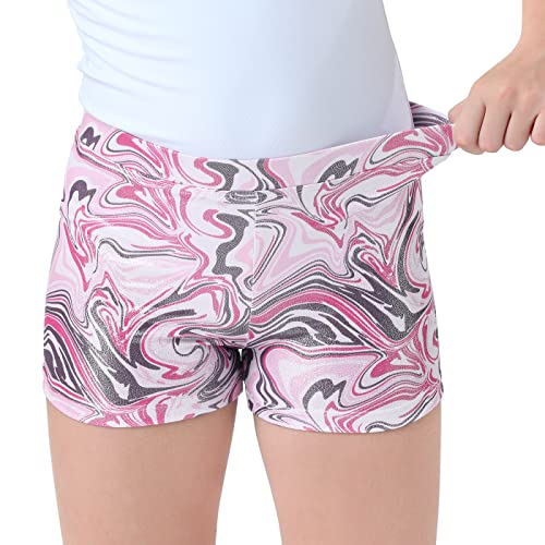 Girls Glitter Gymnastics Dance Shorts - Pink Marble Swirls, Size 7-8