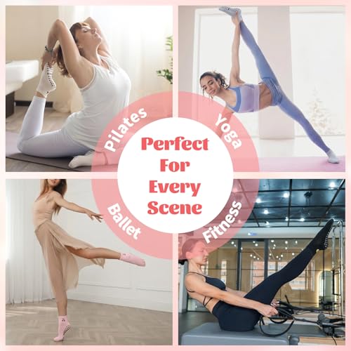 Women's Non-Slip Pilates Socks with Grips - 6/8 Pairs, Multiple Colors