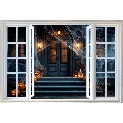 WOOHOOROO Peel and Stick Halloween Fake Window Sticker,Spooky House Scene Wall Decal with Pumpkins and Spider Webs,Removable Self-Adhesive Mural for Home Decor,16" x 24"