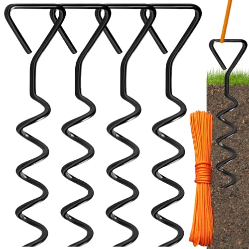 Heavy Duty Trampoline Anchor Stakes Kit - 8" Black, 4 Pack with Ropes