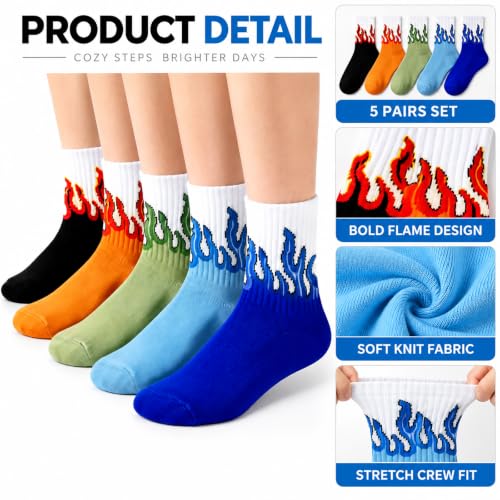 Kids Flame Socks 5 Pairs - Colorful Fire Pattern Crew Socks, 4-5 Years, Lirpazelyx