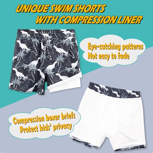 Boys Swim Trunks with Liner - Quick Dry Two Layer Swimsuit, 11-12 Years / Black Dinosaur
