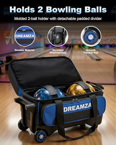 2 Ball Roller Bowling Bag with Wheels & Shoe Pocket - Blue