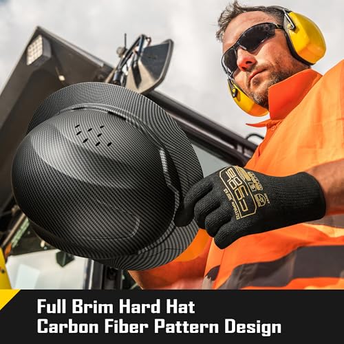 COOLJOB Full Brim Hard Hat, Vented Construction Safety Helmet OSHA Approved, 6-Point Ratchet Suspension, Carbon Fiber Pattern Design