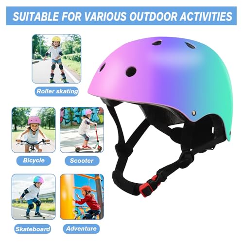 TCCVANAS Color Gradient Kids Bike Helmet with Knee & Elbow Pads Set, Pink/Purple/Blue, Medium (Ages 8-14)