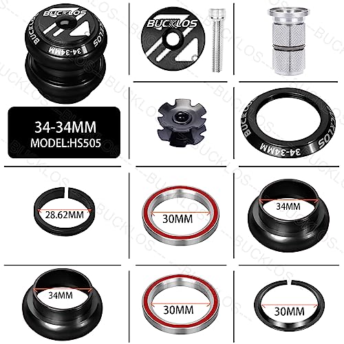 BUCKLOS 1-1/8 inch Bike Headset Threadless for Mountain Bikes, Black, 34-34mm