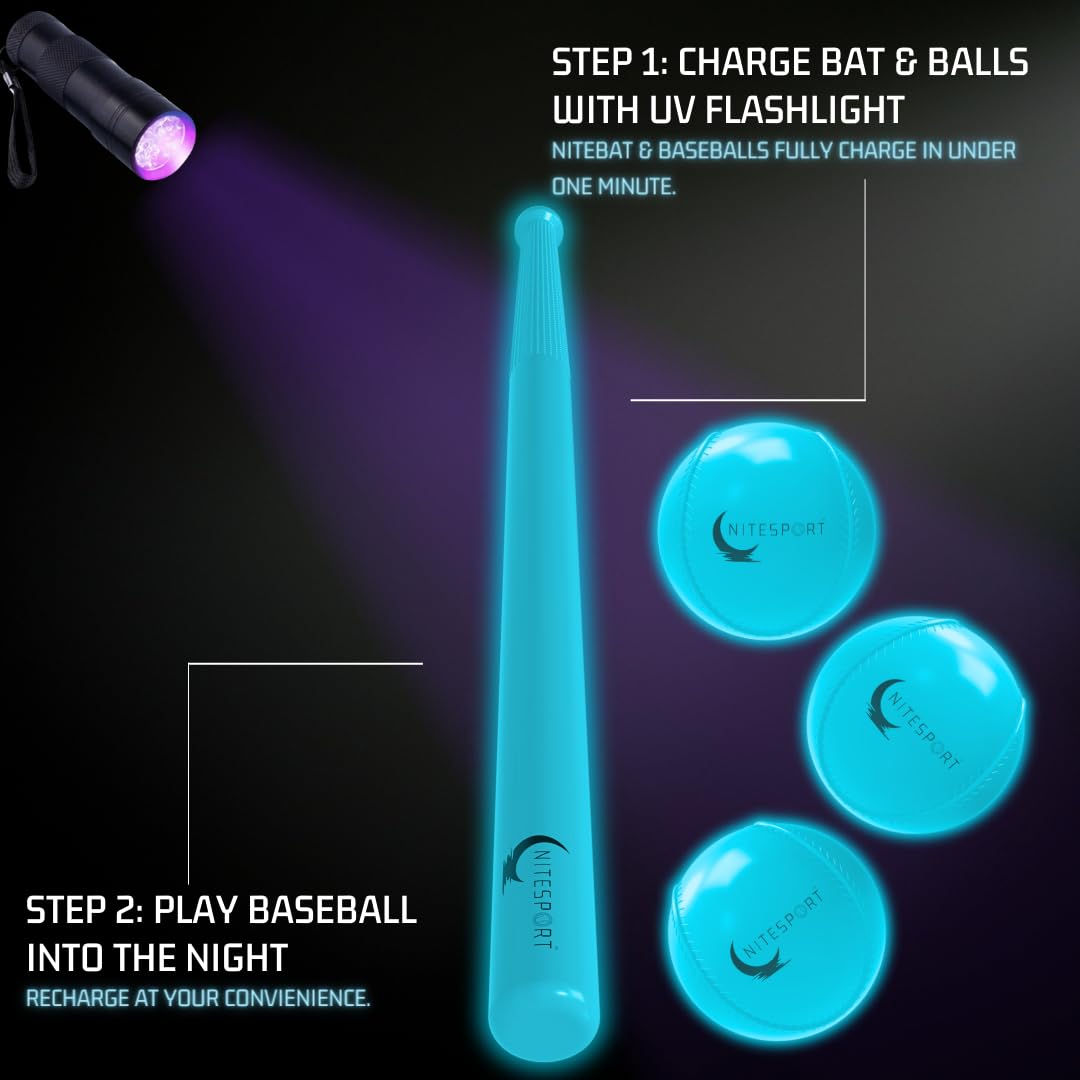 NiteSport Glow in The Dark Plastic Baseball Bat Set w/UV Light