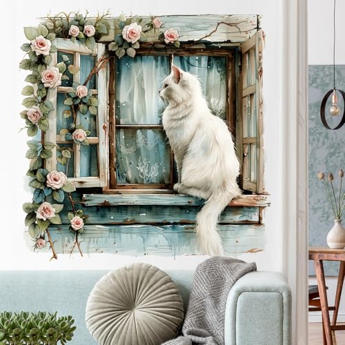 Flower Fake Window Wall Sticker Cute Cat Floral Wall Decals Peel and Stick Vintage Peony Rose Faux Window Decor Kawaii Kitten Decal for Kids Girls Room Bedroom Living Room ZDB31