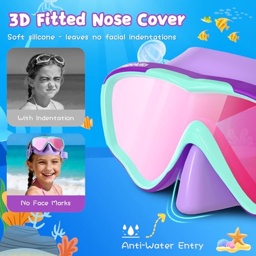 VegoVia Kids Swim Goggles with Nose Cover, Anti-Fog, UV Protection, Purple-Green & Pink Lenses
