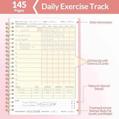 Pink A5 Fitness Journal Workout Planner for Men & Women, 6.4 x 8.3 inches, Gym & Home Use, Goal Tracking & Progress Log