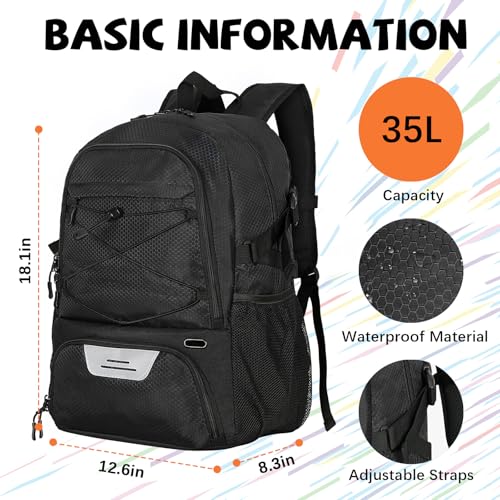 Goloni Black 35L Basketball Backpack with Shoe & Ball Compartments, Waterproof Sport Bag