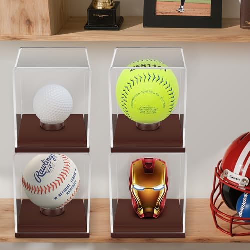 Baseball Display Case - UV Protected Acrylic Cube with Wooden Base for 1 Ball - Brown