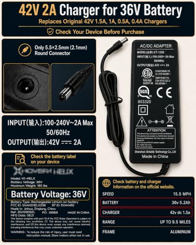 42V 2A Electric Scooter Charger for Gotrax, Jeston, Hiboy - Fast Charging