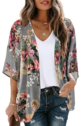 Floral Kimono Cardigan Beach Cover Up for Women - Puff Sleeve Chiffon Summer Top