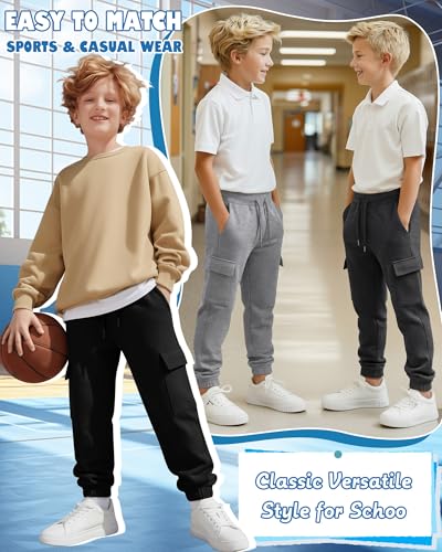 4 Pack Boys Cargo Jogger Pants Youth Sweatpants - YooAurvox, Light Gray/Khaki/Dark Gray/Black, X-Large