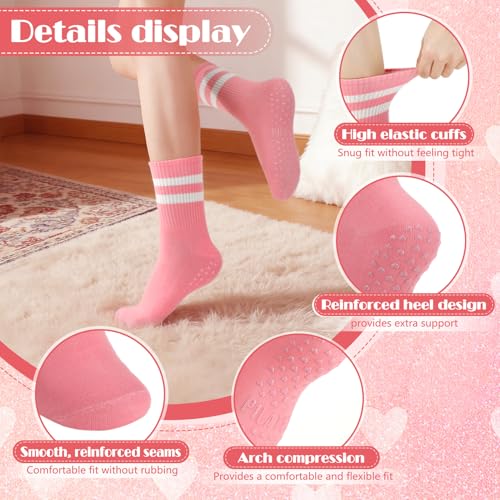Non-Slip Pilates Grip Socks - Crew Length Cotton Stripe Bow - 6 Pairs