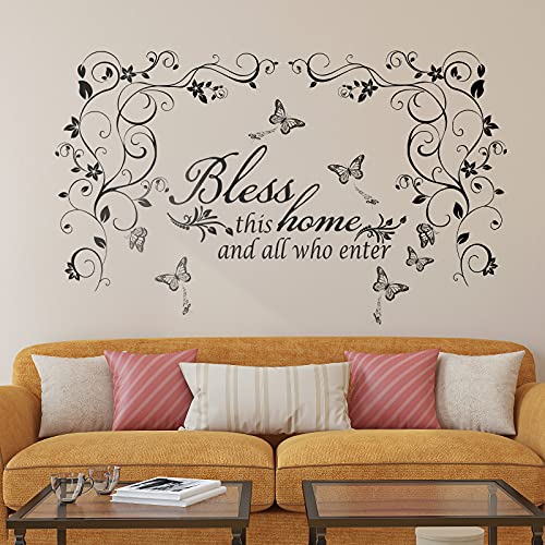 Living Room Wall Decals Stickers Bless This Home and All Who Enter Removable Vinyl Quotes Black Flowers Vine Wall Stickers Butterfly Wall Sticker Murals Peel and Stick Art for Home Decorations