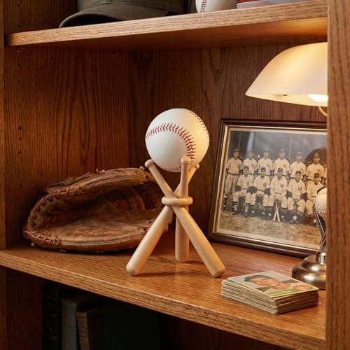 Baseball Display Stand Wooden Holder with 2 Mini Bats & Rings