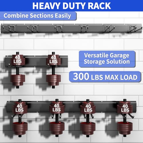 Garage Tool Organizer Wall Mount, 48inch Heavy Duty Garden Tool organizer Storage System, Easy Install With 6 Adjustable Straight Hooks, For Garage, Basement, Shed, Workshop(Black)